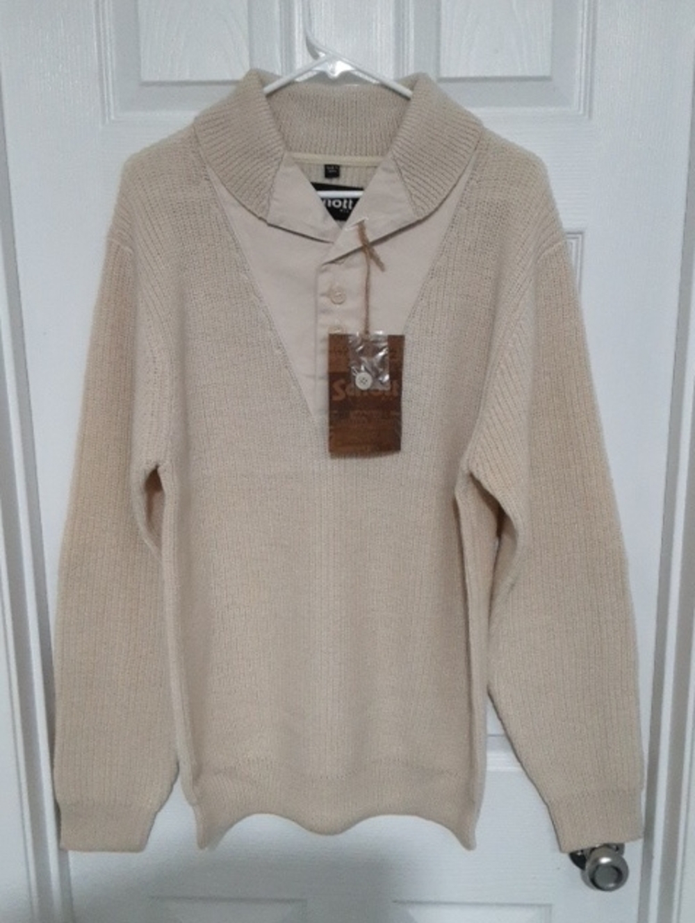 Scott Men's Cream V-Neck Ribbed Sweater with Button Placket